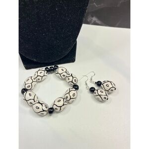 Upcycled Ceramic and Onyx Black and Off-White Artisan Bracelet and Earrings Set